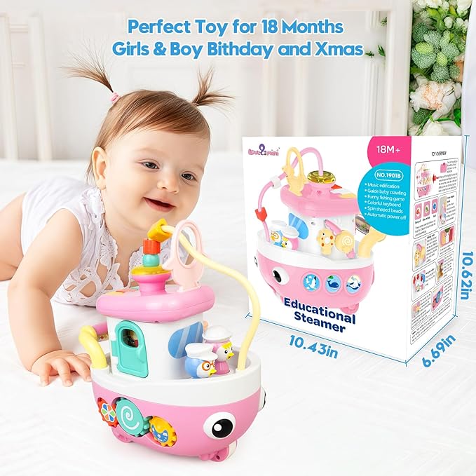 Toys for 1+ Year Old Girls - Baby Toys Crawling Boat with Music and Sound, 9-in-1 Baby Musical Toys 18+ Months Age, First Christmas 1st Birthday Gifts for 1+ Year Old