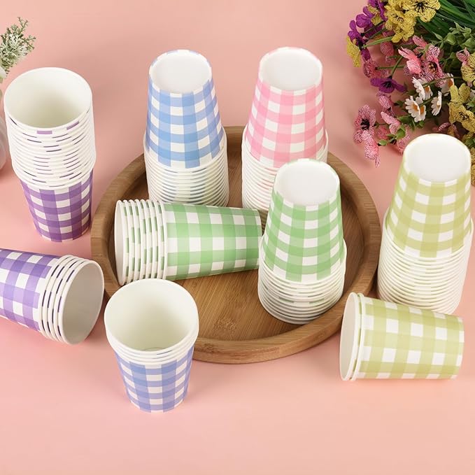 100pcs 9 oz gingham party Paper cups, 5 Colors Disposable Plaid Paper Checkered Cups for Wedding Birthday Party, Travel, Baby Shower Picnic