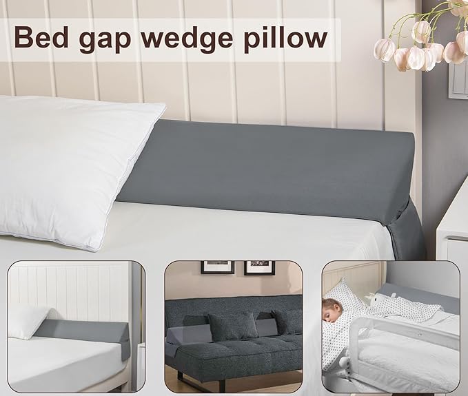 Vekkia Queen Bed Wedge Pillow/Headboard Pillow for Headboard Gap,Bed Gap Filler to Close Gap (0-3.5"),with Handy Pockets and Washable Cover- Grey