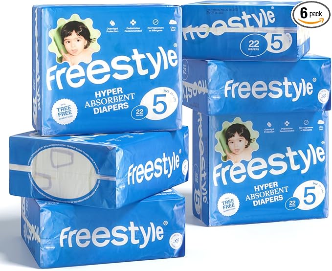 Freestyle BambooTek Diaper – (Size 5) Hyper Absorbent & Non-Toxic – Disposable Diaper for Sensitive Skin – Ultra Soft Diapers (25+ lbs) – 132 Count