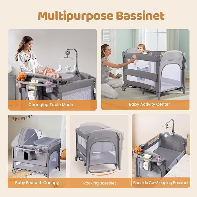 JOYMOR 9 in 1 Bedside Bassinet with Changing Table, Pack and Play with Bassinet, Convert to Rocking Baby Bed with Electric Music Center, Mosquito Net, Toy, Storage, Gray