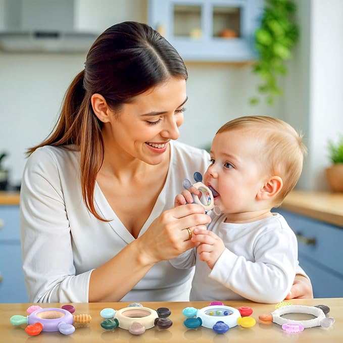 akolik Teething Toys for Babies, Baby Teethers Toy Teething Ring Silicone, Grasping Teething Toy, BPA Free Teething Newborn Accessories for Baby 0 3 6 9 12 18 Months (Ringer Grey)