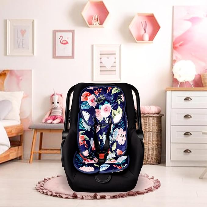 Infant Car Seat Insert, 2 in 1 Baby Head and Body Support for Car Seat, Soft Plush Newborn Carseat Cushion for Stroller Bouncer, Blue Floral