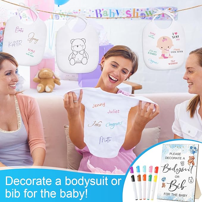 Roowest 35 Pcs Baby Shower Bibs Games Design Wooden Baby Shower Party Game Sign DIY Bodysuit Sign 15 White Blank Feeder Bibs 9 Newborn Bodysuit 10 Markers for Boys Girls(Bear)