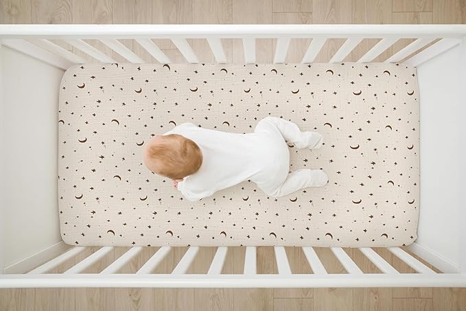 Baby Crib Sheets 2 PCS, 100% Organic Cotton Crib Sheet for Standard Crib Mattress(52”x 28”), Fitted and Soft Breathable Muslin Crib Mattress Sheet for Girl and Boy (Star, Brown)