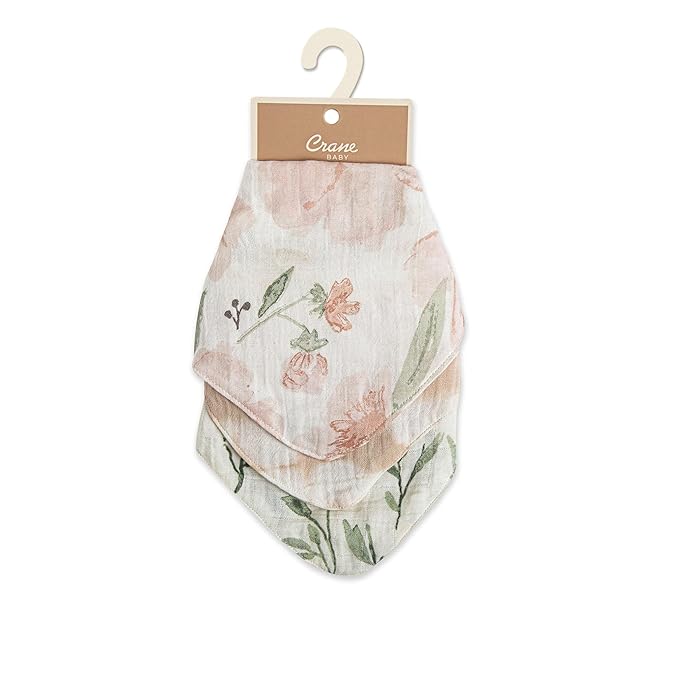 Crane Baby Soft Muslin Baby Bib Set, Adjustable and Absorbent Bandana Style Bibs for Boys and Girls, Floral, 3 Piece, 18.5” x 9”