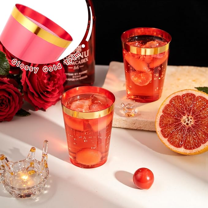 supernal 100 Pcs Red Plastic Cups - 10 Oz Clear Disposable Cups with Gold Trim,Clear Red Plastic Cocktail Glasses Perfect for Weddings,Birthday,Parties & Elegant Events,Disposable Party Cup