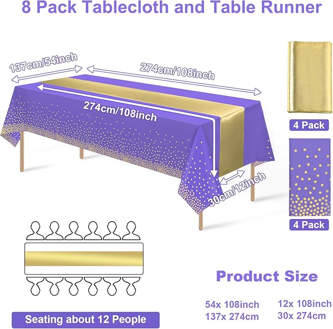 8Pack Disposable Plastic Tablecloths and Satin Table Runner Set Purple and Gold Dot Tablecloth Gold Satin Table Runner for Wedding Birthday Baby Shower Anniversary Christmas New Year Party Supplies