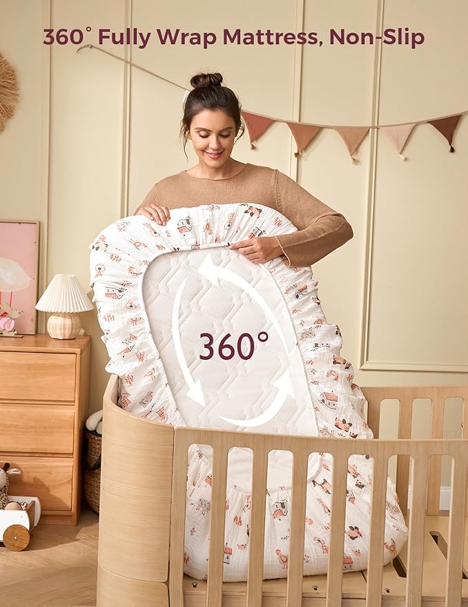 Momcozy Best Wishes Muslin Fitted Mini Crib Sheets, 38''x26'', 2 Pack Soft Breathable Natural Cotton Baby Mattress Sheet, 360° Mattress Wrapping Boys Girls Neutral Toddler Bed Sheet, Farming Joy