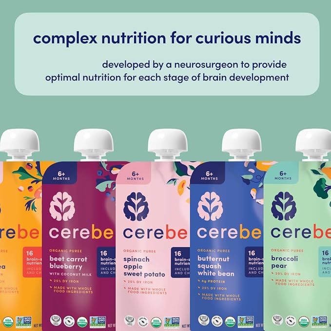 Cerebelly Baby Food Pouches – Organic Veggie Purees for Toddlers | No Added Sugar, Fiber, Non-GMO | Blended Toddler Pouches | 4 Ounce BPA-Free Pouch | Broccoli Pear | 6 Count