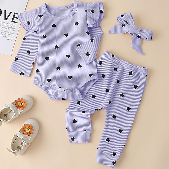 Fullfamous Baby Girl's 3pc Rib Frill Long Sleeve Romper and Pant Set