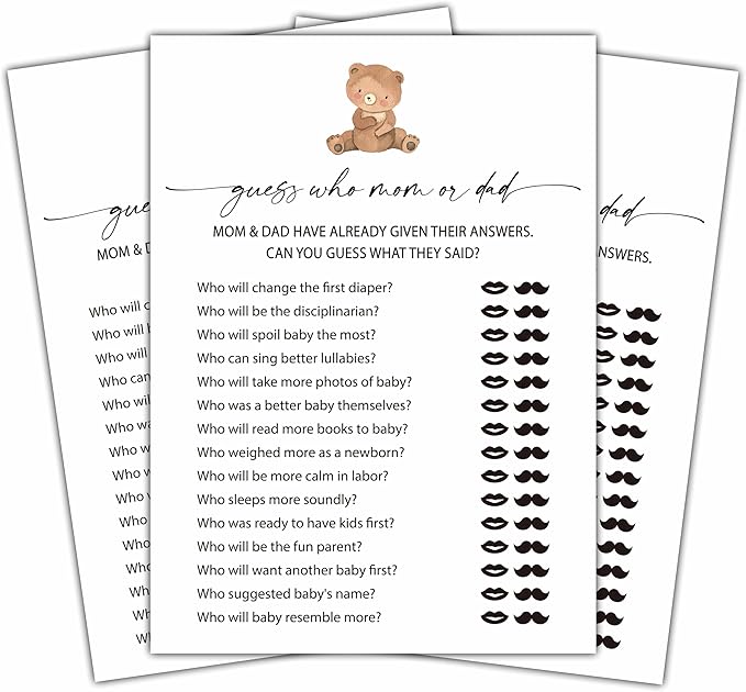 Who Mom Or Dad Games Set, Minimalism Baby Shower Party Game Card, Boho Bear Themed Gender Neutral Party Ideas Activities, Baby Shower Party Supplies & Decorations -A04