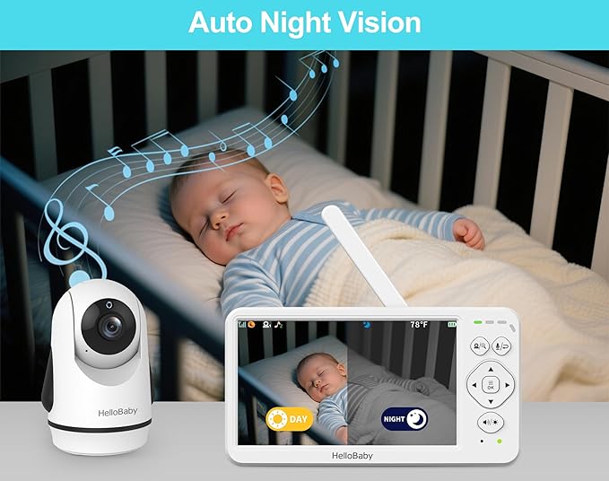 HelloBaby Baby Monitor with Camera and Audio, Large 6'' Video Baby Monitor No WiFi,30-Hour Long Battery, 320° Pan-Tilt Camera with 2X Zoom, Night Vision, 2-Way Talk,ECO,1000ft, Portable, 150 Languages