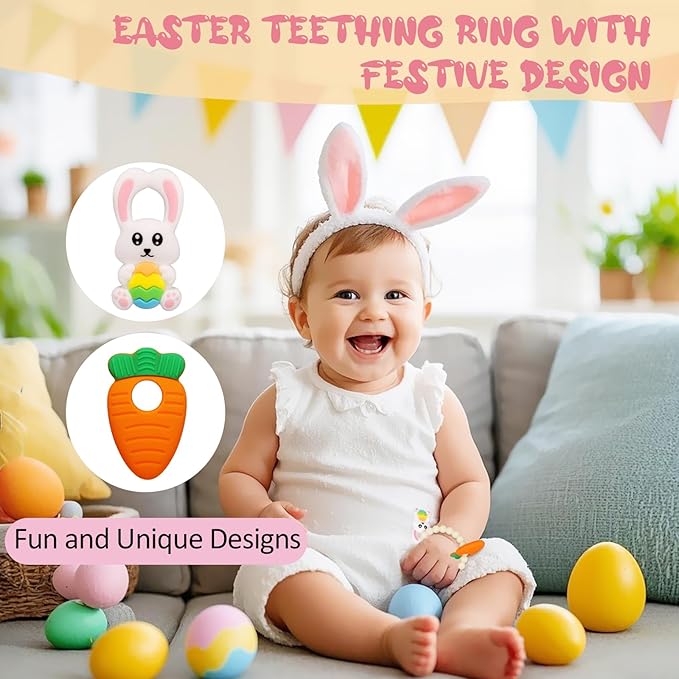 Easter Baby Teething Ring Toys – Bunny Easter Egg & Carrot Teethers for Newborns, Infants & Toddlers – Sensory Chew Bracelet for Teething Relief – Perfect Baby’s First Easter Basket Stuffers