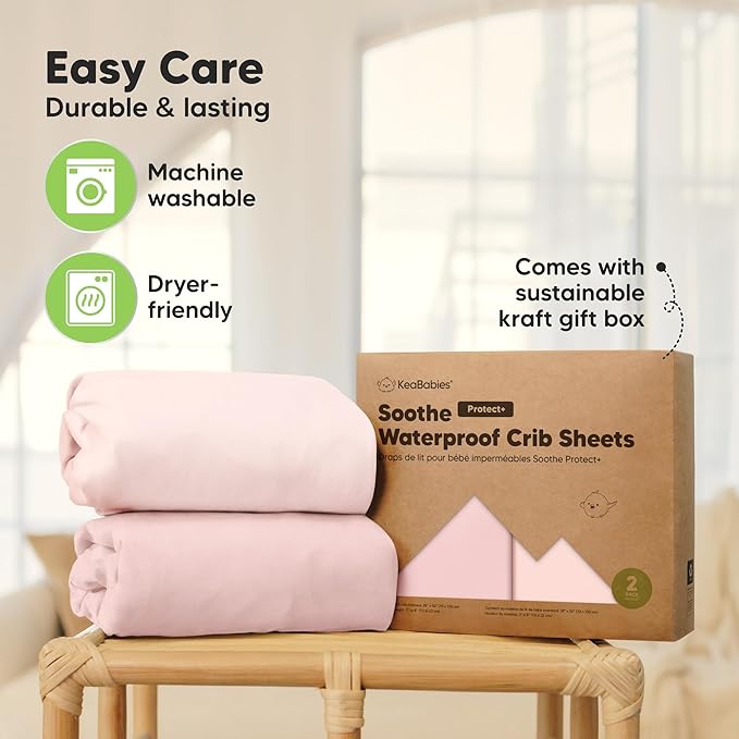 2-Pack Waterproof Crib Sheets for Girl, Boy - Organic Cotton 52X28 Fitted Crib Sheets Neutral,Crib Mattress Protector Sheets,Soft Toddler Bed Sheets,Washable Infant Fitted Baby Crib Sheets (Mist Rose)