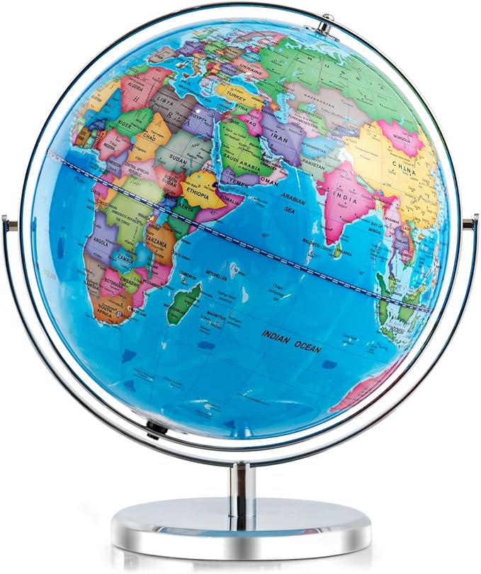 COSTWAY Illuminated World Globe, 13” Desktop Geographic Globe w/LED Light & Easy-to-Read Clear Map for Students, 720° Rotation Decoration, Educational Interactive Globe for School, Classroom
