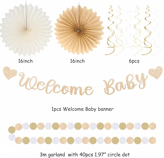 Champagne-Gold Fall Boho Baby Shower Party-Decorations - 21pcs Girls Welcome Baby Banner,Beige One Sweet Peach Paper Lanterns Pom Poms, Neutral Streamers Garland Decor Favors Huglony