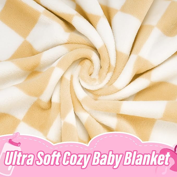Plush Checkered Baby Blanket for Boys Girls Nursery, 30"*40" Warm Short Fleece Blanket Neutral for Infant Newborn, Small Fuzzy for Sleeping, Chenille or Stroller (Sand Yellow&White)