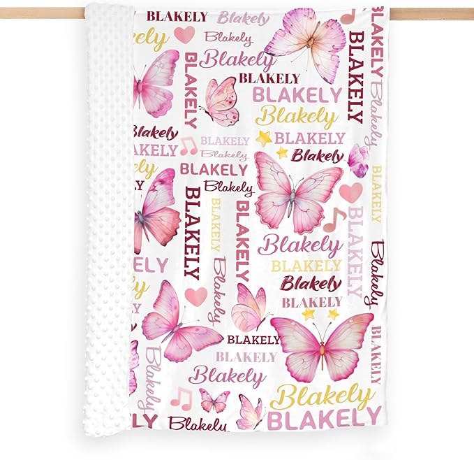 Personalized Baby Blanket for Girls Butterfly Custom Baby Blankets with Name Dotted Backing Customized Gifts for New Mom Customize Baby Blanket for Kids Newborn Birthday