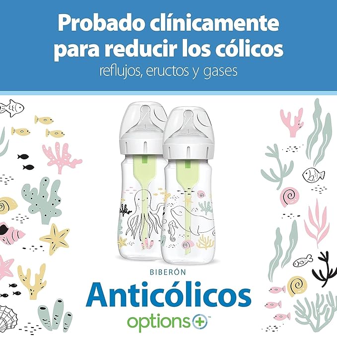 Dr. Brown’s Natural Flow Anti-Colic Options+ Wide-Neck Baby Bottle Designer Edition Bottles, Ocean Decos, 9 oz/270 mL, Level 1 Nipple, 2-Pack, 0m+