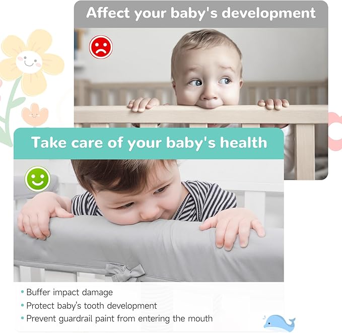 Gray 3pcs New Teething Edge Crib Rail Cover&Corner Guard Coverage Straps,Reversible Guardrail Cover Protector for Boys Girls(1 Long 2 Short)