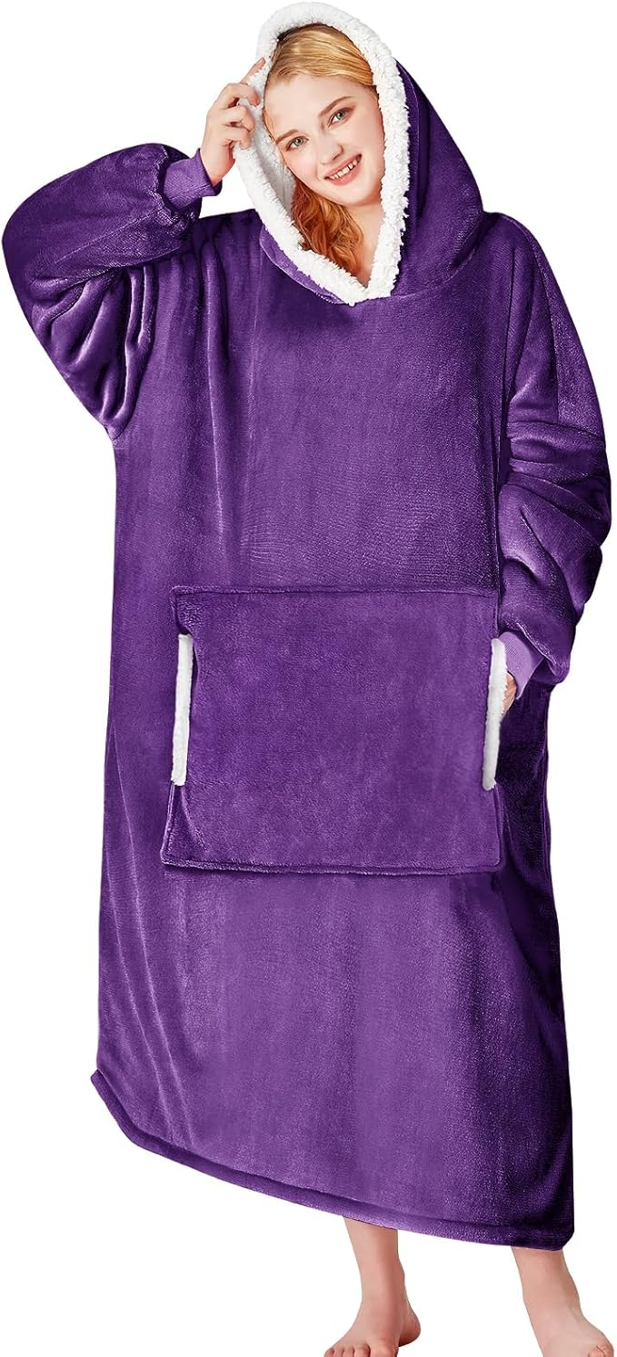 yescool Wearable Blanket Hoodie - birthday gifts for Adults/Women/mom, Flannel Cozy Sherpa Fleece Blanket Sweatshirt with Hood, Pocket & Sleeves, Large, One Size Fits All (Deep Purple)