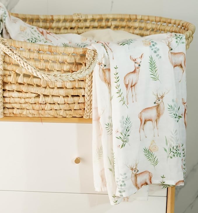 Little Jump Muslin Swaddle Blankets Neutral, Woodland Muslin Baby Blanket Receiving Blanket for Boys & Girls Unisex, Soft Large 47 x 47 inches (Rabbit & Deer)