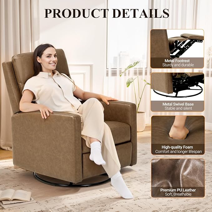 COLAMY Recliner Chair, PU Leather 360° Swivel Rocker Recliner, Nursery Glider Recliner with Ergonomic High Backrest and Upholstered Deep Seat for Living Room, Bedroom, Color Brown