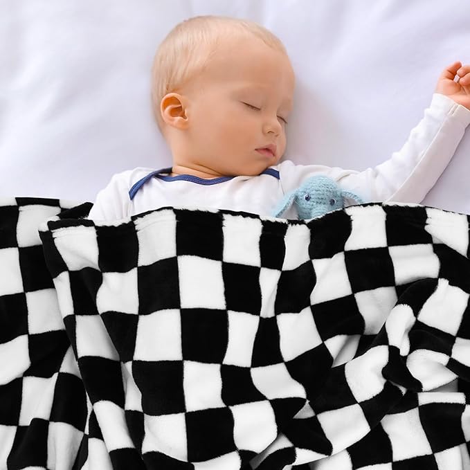 Plush Checkered Baby Blanket for Boys Girls Nursery, 30"*40" Warm Short Fleece Blanket Neutral for Infant Newborn, Small Fuzzy for Sleeping, Chenille Baby for Stroller (Black&White)