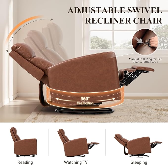 COLAMY Recliner Chair, PU Leather 360° Swivel Rocker Recliner, Nursery Glider Recliner with Ergonomic High Backrest and Upholstered Deep Seat for Living Room, Bedroom, Color Cocoa