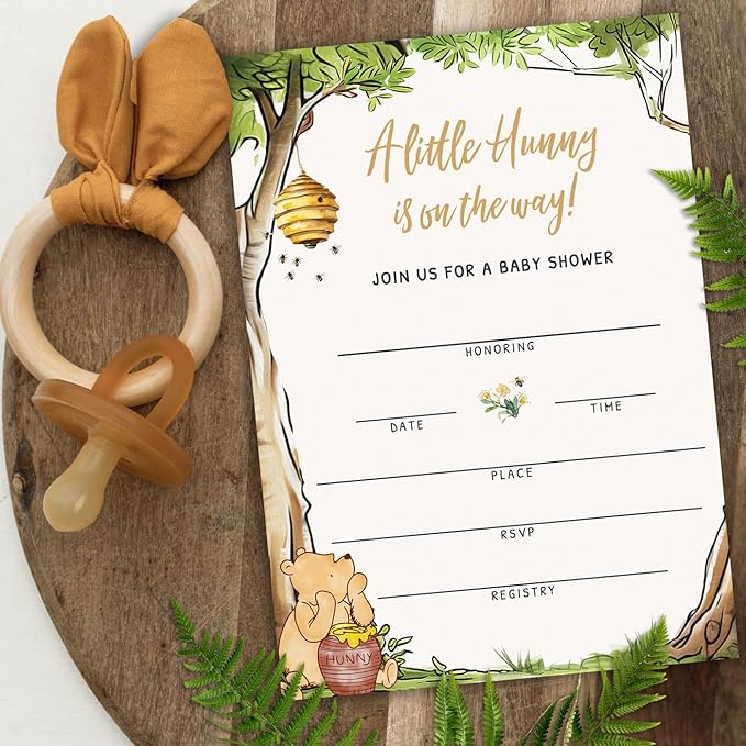 Printed Party Winnie Baby Shower Invitations with Envelopes – Classic Pooh Theme, Gender Neutral Storybook Design for Baby Boy or Girl, Set of 30