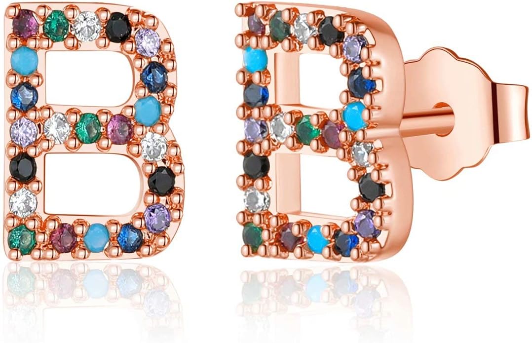 Memorjew Initial Stud Earrings for Women, Hypoallergenic 925 Sterling Silver Post Rainbow Cubic Zirconia Gold Plated 26 Initial Earrings for Women Jewelry Gifts