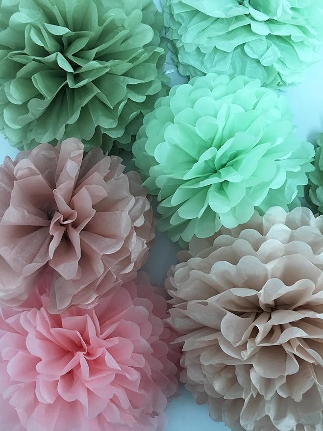 Tissue Paper Pom Poms Kit -Rose Pink and Sage Green Paper Flowers 12pieces for Gender Baby Shower Wedding Bridal Bachelorette Birthday Party Decorations (Green + Pink)