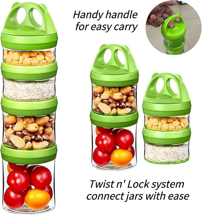 SELEWARE Portable Stackable Food Storage Containers for Snacks Formula Powder and Drinks Twist Lock System Airtight Leak-proof BPA and Phthalate Free 4 Piece Jars 31oz Green