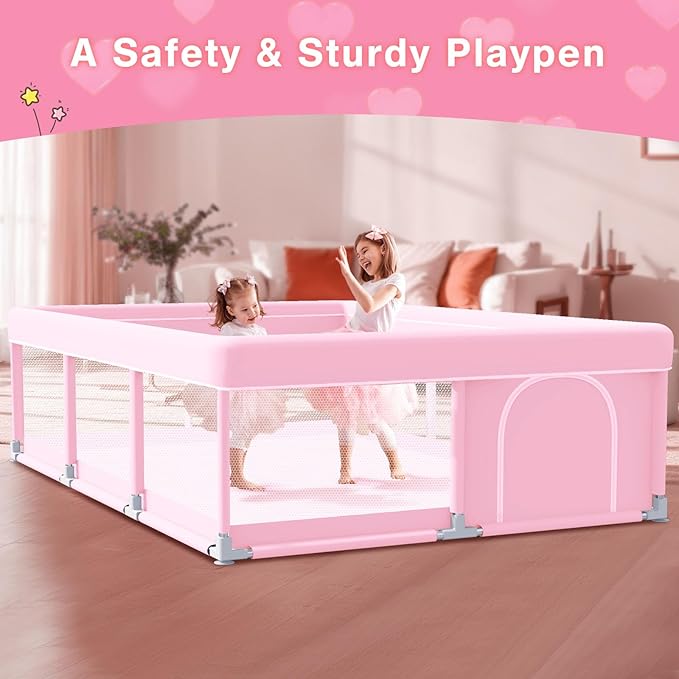 Pink Baby Playpen 74x50 Inches Playpen for Little Princess Play Yards Indoor & Outdoor Sturdy Safety Baby Girls Play Pen with Soft Breathable Mesh Toddlers Activity Center with Anti-Slip Base