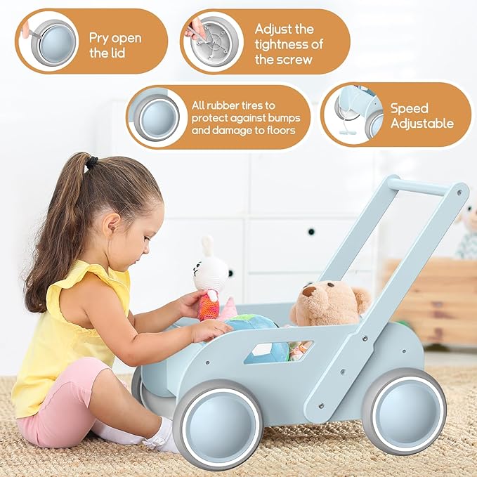 2025 HOMEKOL Wooden Baby Walker,Baby Push Walker, Adjustable Speed Baby Walker for Boys and Girls, Baby Activity Center, Gift for Birthday, Christmas and New Year Nature Blue