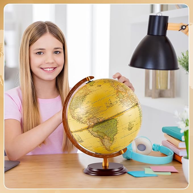 Amylove 13'' Illuminated World Globe for Adults 720°/360° Rotation Rewritable Light Up Globe with Stand World Map for Interactive Learning Light with Base Lamp LED Decor(Wood,Vintage)