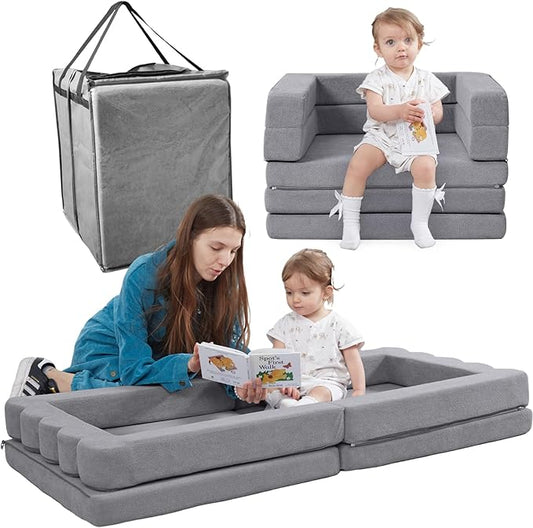 Portable Toddler Travel Bed|3-in-1 Foldable Floor Bed with Waterproof Handbag,High-Density Foam Sofa Chair for Kids,Collapsible Baby Camping Napmat,Indoor and Outdoor,Gray
