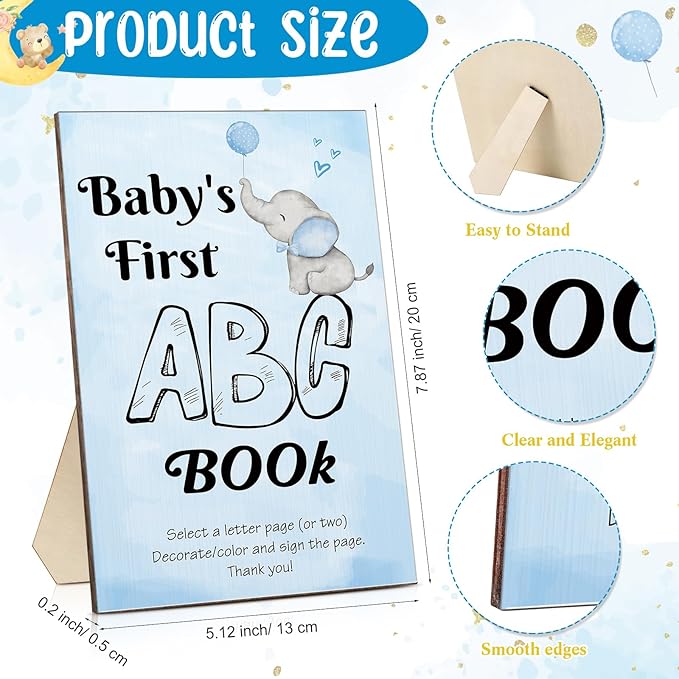 Geelin 51 Pcs Fun Baby Shower Game Activities First Abc Book Sign Coloring Game Card 26 Alphabet a to Z Coloring Card with 24 Watercolor Pen Storage Bag for Baby Shower Party(Blue Elephant)