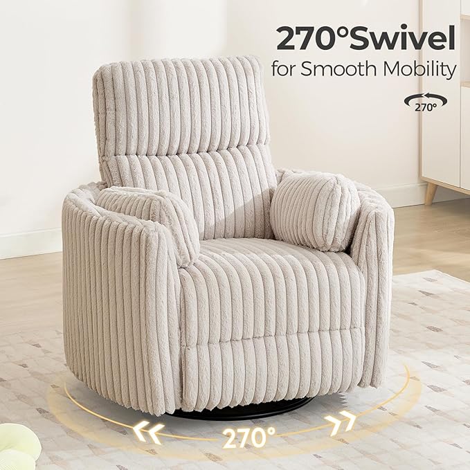 Power Swivel Glider Rocking Recliner Nursery Chair with 2 Pillows, Electric Rocker Reclining Chairs with Type-C & USB Charger Port for Living Room, High Back Barrel Armchair for Bedroom,Corduroy,Beige
