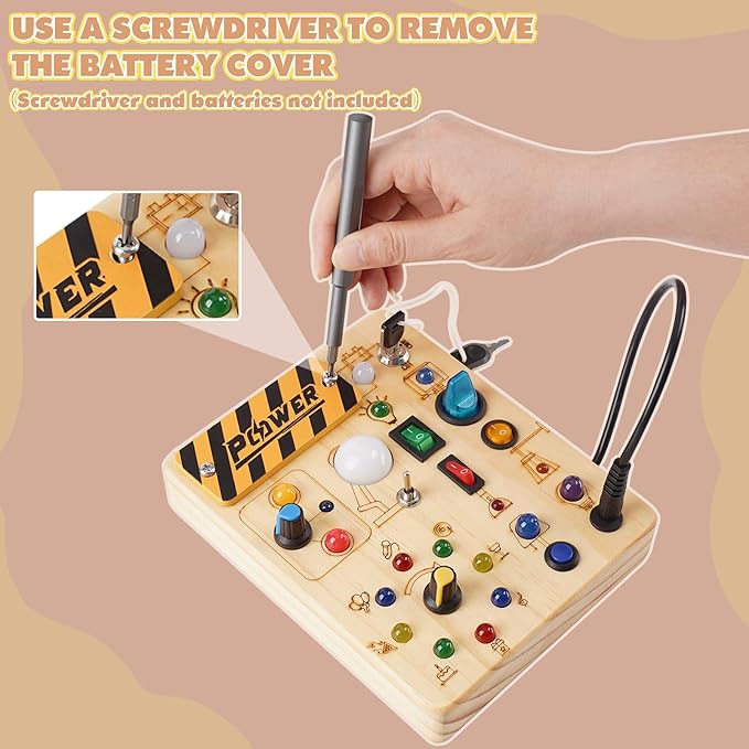 Joyreal Montessori Busy Board Wooden Sensory Toys for Toddler with LED Light Up Switch, Baby Fidget Board Travel Toys for 18+ Months, Boys Girls Birthday, Medium
