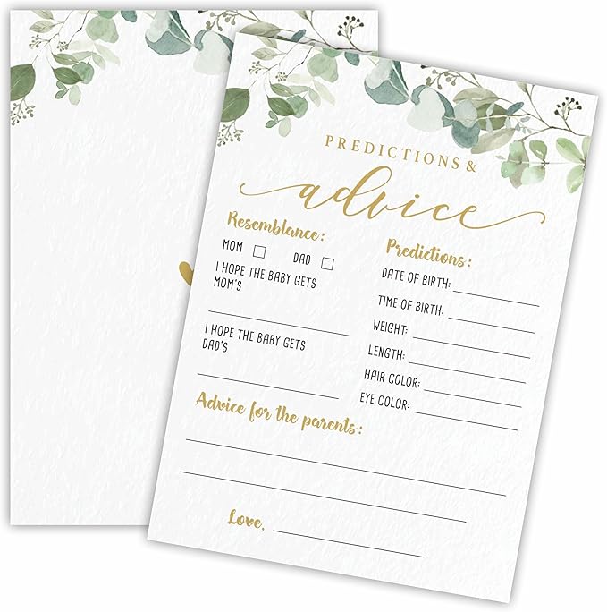 Predictions & Advice Baby Shower Game Cards - Golden Greenery - 30 Double-Sided Fill In Style Game Cards For Gender Reveal, Baby Announcement, Party Games & Activity - D01