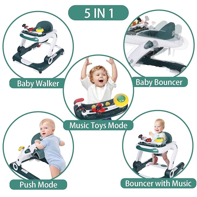 Kinder King Baby Walker with Music & Lights, 5 in 1 Baby Bouncer Activity Walker, Adjustable Height & Seat, Learning-Seated & Toddler Walk-Behind, Safety Bumper, Infant Walker Anti-Rollover, Green