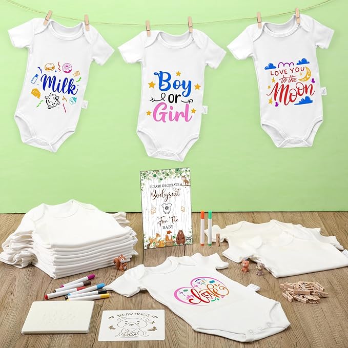 Panitay 126 Pcs Baby Shower DIY Bodysuit Set Rustic Kraft Baby Shower Game Sign DIY Bib 25 Blank White Newborn Bodysuit 25 Stencils 24 Marker 1 Sign 50 Pins for Gender Reveal(Woodland Animals)