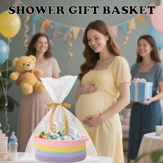Gift Basket with Gift Bag and Ribbons,Small Rope Woven Shelf Storage,Baskets for Gifts Empty,Birthday,Shower,Decorative Organizer Box for Cat Dog Pet with Handles(Rainbow Pastel)