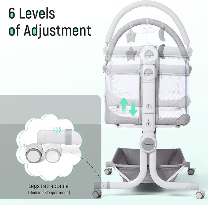 Cowiewie Baby Bassinet Bedside Sleeper with Storage Basket,Wheels and Toys, Easy Folding Portable Bassinet with Wheels Adjustable Height Portable Bassinets for Newborn