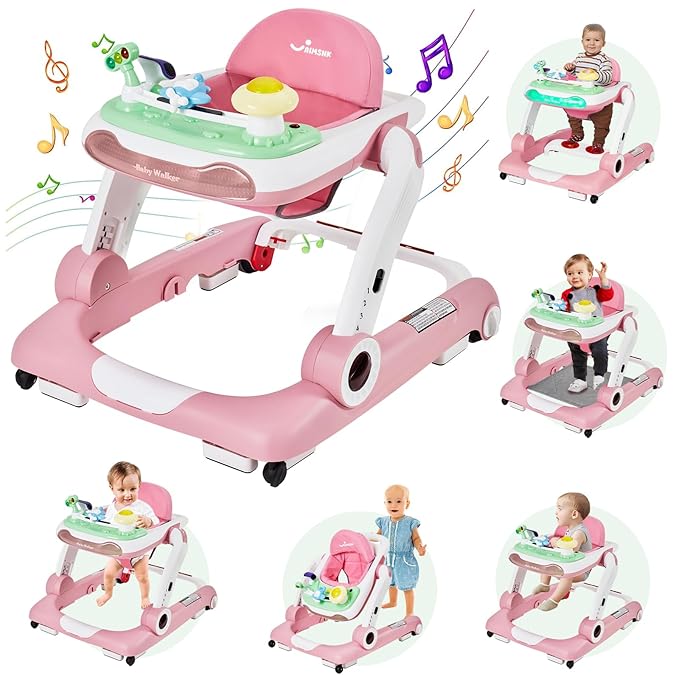 5 in 1 Baby Walker, Activity Baby Walker-Baby Bouncer, Rocker, Activity Center,Seat and Push Walker,Detachable Trampoline Mat, Adjustable Speed Rear Wheels and Height,Ages 6-18 Months (Pink)