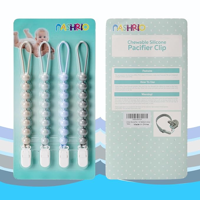 4-Pack Silicone Pacifier Clips for Baby Boys and Girls - with One-Piece Beads, Flexible and Rust-Free Holders for Teething Relief and Baby Essentials - Safe for Newborns (Grey)