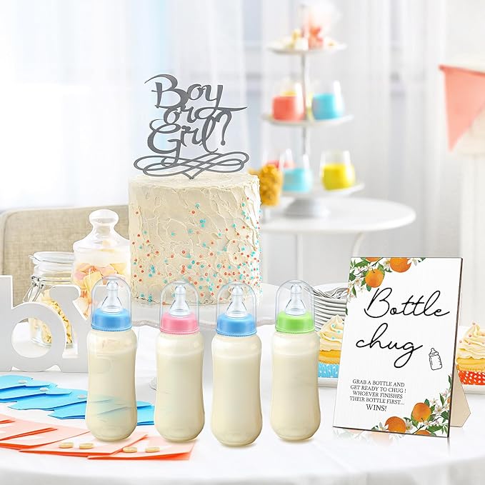 Roowest Bottle Chug Baby Shower Game Favors 12 Pcs Baby Bottles Shower Favor with 1 Wooden Sign for Gender Reveal Party Supplies Gifts(Cutie)