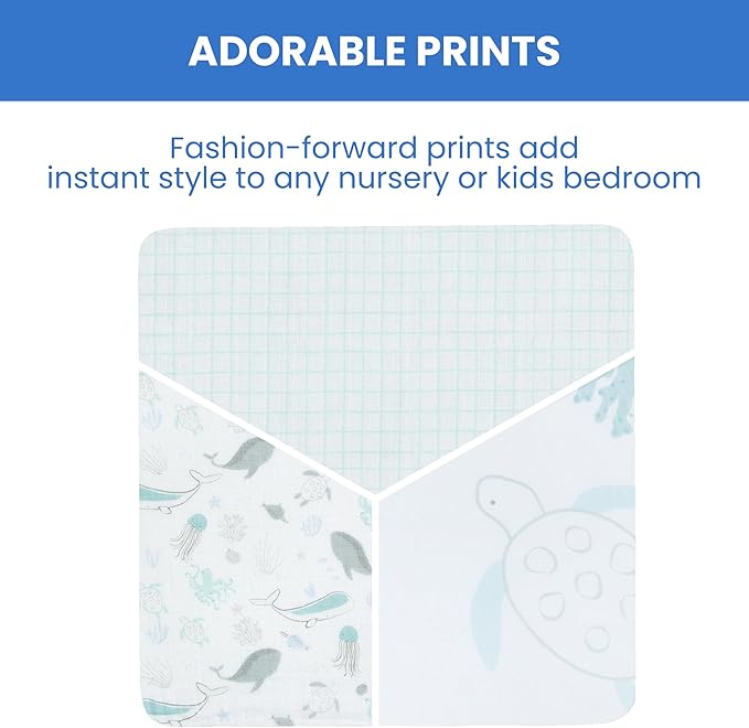 Delta Children Fitted Crib Sheets for Girls and Boys - 100% Organic Cotton Crib Sheet for Standard Crib and Toddler Mattresses - 28x52 Inch - GOTS Certified (Pack of 3), Sea Life